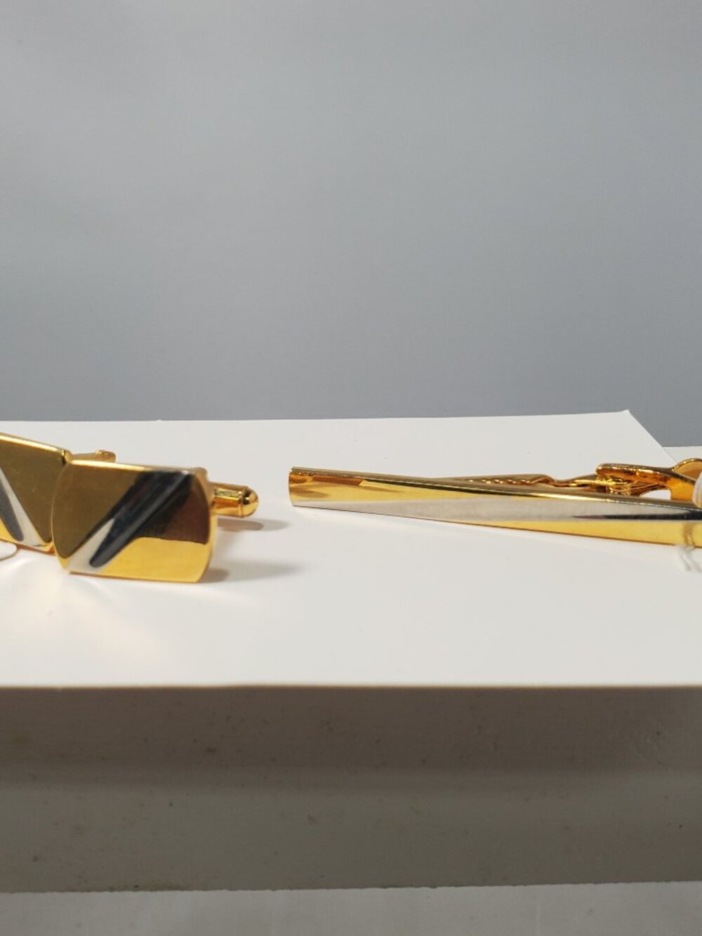 Gold-Tone & Silver-Tone Rectangular 3-Piece Cufflink and Tie Clip Set - Picture 2 of 7